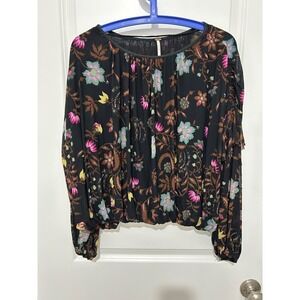Free People Black Floral Print Long Sleeve Boho Sheer Blouse Top Size Small